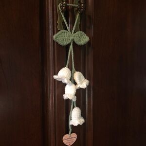 New Handmade White Crochet Bell Wall Hanging with Green Leaves